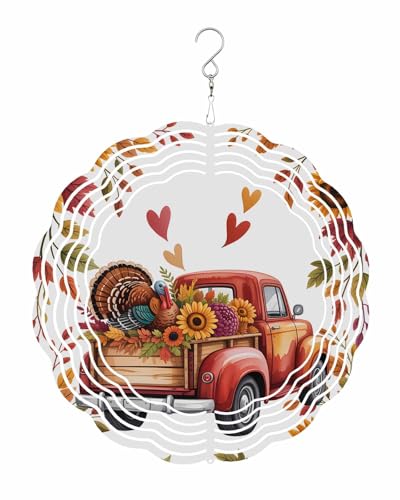 Autumn Wind Spinners, Fall Truck Turkey Love Heart Hanging Wind Spinners for Yard and Garden 3D Stainless Steel Metal Sculptures Crafts Ornaments 12 Inch