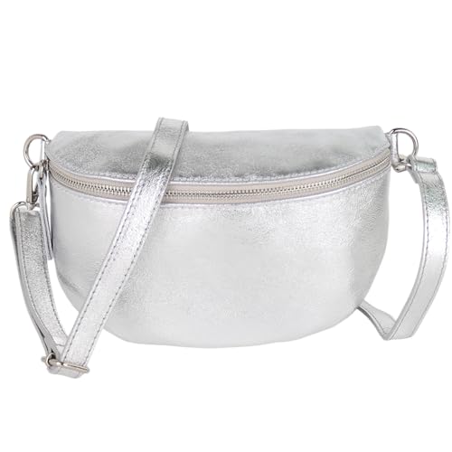 MIRROSI Bauchtasche Damen Made in Italy Echtleder Umhängetasche Echtes Leder Brusttasche Crossbody Bag aus Echtem Leder in 3 Größen erhältlich (Metalic Silber Kleine Tasche (22x13x6cm))