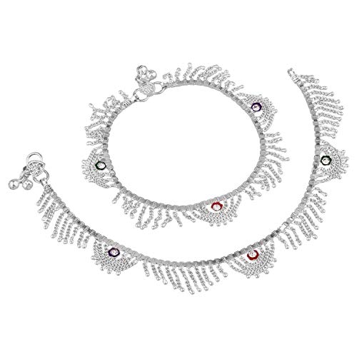 Efulgenz Indian Silver Tone Bell Charms Tassel Chain Anklet Set Bracelet Payal Foot Jewelry