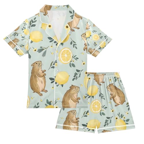 senya Cute Capybara Lemon Satin Summer Pajama Sets Silk Short Sleeve Button Down Sleepwear