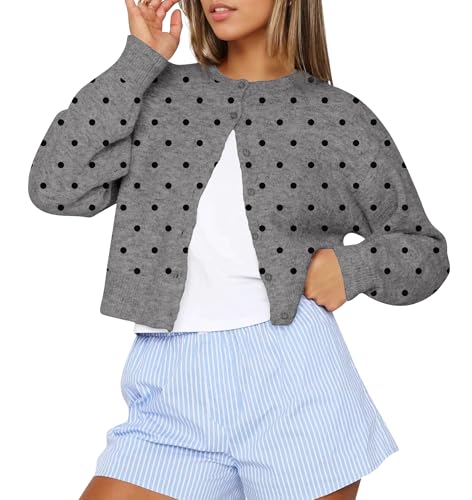 Women Y2k Polka Dot Front Button Down Cropped Cardigan Sweater Crewneck Long Sleeve Pullover Trendy Fall Knitwear