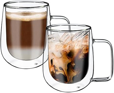 Vinsani VITRUM Double Walled Coffee Drink Glasses Tea Cup Mug 400ml Set of 2 Heat Cold Resistant Aesthetic Clear Borosilicate Glass with Handle Latte Cappuccino Tea Dessert Hot and Cold Drinks