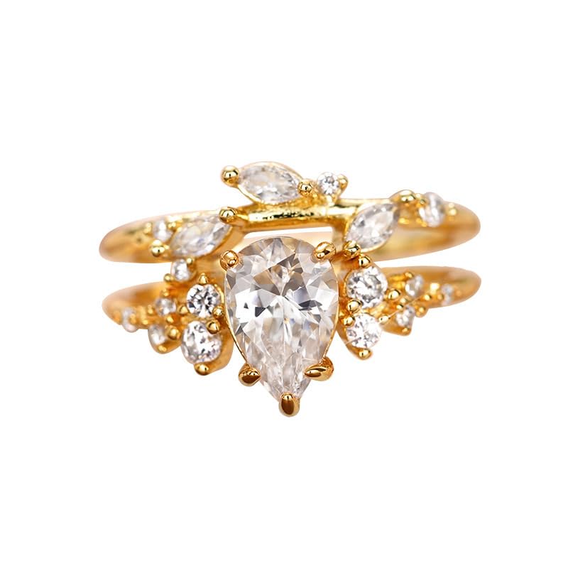 Hsitgexf Yellow Gold-Plated Pear Shaped Cut Cubic Zirconia Solitaire Engagement and Marquise Cut Wedding Band Ring for Women Two-Piece Bridal Stack Ring Set Sizes 6-10(6)