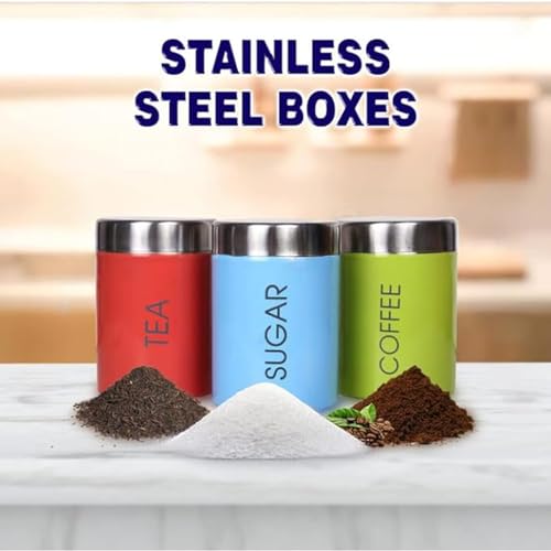 Image of AIRA Stainless Steel Container set for Tea, Coffee and Sugar | Tea, Coffee Sugar Containers Set of 3 Stainless Steel | Multicolour Storage Container | 800ml each
