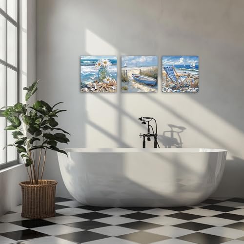 CHAOSETKEN Coastal Wall Art Bathroom Decor 3 Pieces Ocean Boat Canvas Pictures Beach Ocean Landscape Painting Prints Seaside Scenery Poster Framed (Blue,12.00" x 12.00" x 3PCS) - Image 2