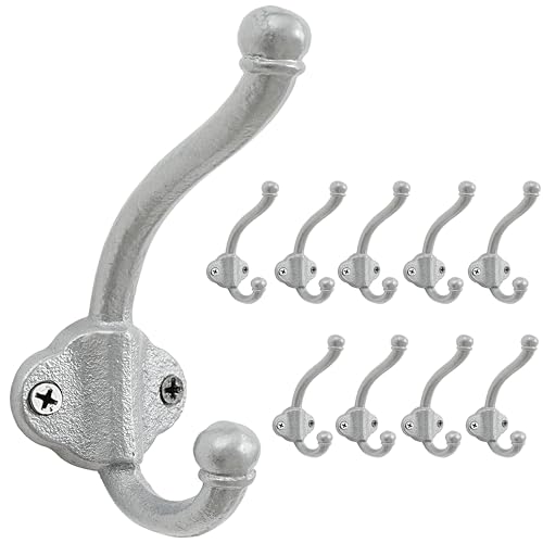 Dseap Cast Iron Wall Hooks L=5”, Heavy Duty Coat Hooks, Rustic Vintage Farmhouse Hook for Hanging Winter Coats Jackets Towels Hats Bags Plants, Silver, Pack of 10 (VintageBold)