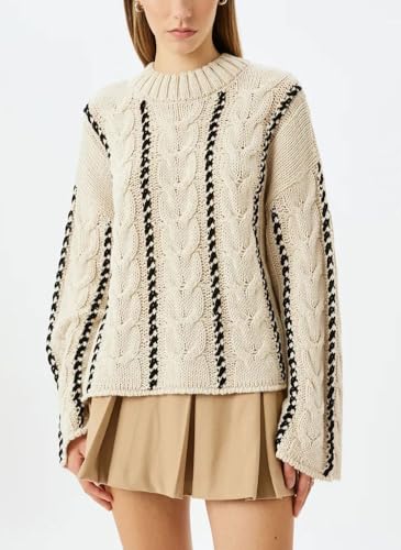 chouyatou Women's 2025 Fall Vertical Striped Sweaters Cable Knit Crewneck Pullover Jumper Tops2