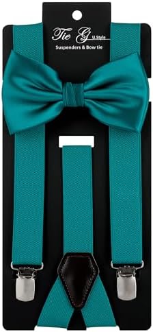 TIE G Solid Color Men's Suspender + Woven Bow Tie Set for Wedding : Vivid Color, Adjustable Brace, Strong Clip, Elastic Band