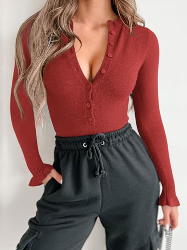MASCOMODA Womens Fall 2024 V Neck Button Down Knit Bodysuit Sweater Long Sleeve Fitted Ribbed Bodysuit Tops Dressy Casual3