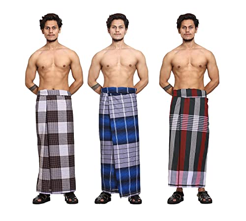 Handloom 100% Cotton Checked Dhoti/Sarong/Wrap lungi for men - (Size_2.25 Meter || Assorted Lungi - 3 Piece Combo Pack), Multicolor, 2 Meter2