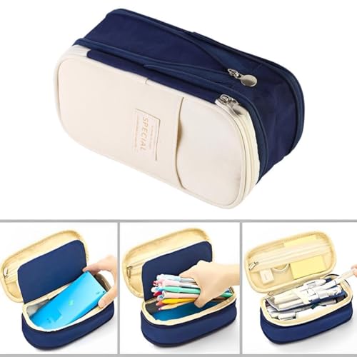 Image of Invite Kawaii 2 Compartment Cute Aesthetic Pencil Case for Girls - Large Capacity Pen Pouch Multifunctional Stationery Organizer for School Office (Spacial Navy Blue)