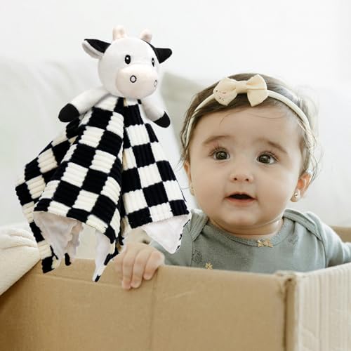 Image of Baby Security Blanket Lovey Cow Blanket for Boys Girls 14 Inch | High Contrast Super Soft 3D Checkerboard Gingham with Minky Dot Fabric Backing Snuggle Stuffed Animal Shower Gift Black