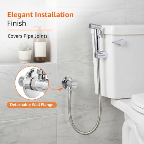 Image of Amazon Basics Angle Valve | Stainless Steel Body with Brass Cartridge and Wall Flange | 4 Pieces | Bathroom and Kitchen Use [Chrome]