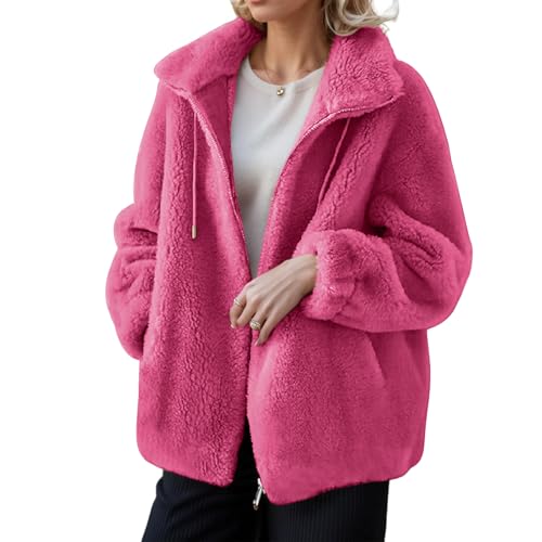 Image of Womens Chunky Fleece Hoodie Jacket Sherpa Lined Full Zip up Winter Warm Soft Teddy Fleece Hooded Sweatshirt Fluffy Ladies Cashmere Jumpers Sweater Coat Plus Size Cardigan Hot Pink L