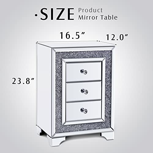 Randefurn Mirrored Nightstand With 3 Drawers, Nightstands With Crystal Handles, Bedside Tables For Living Room, Bedroom, End Table With Mirrored Finish. 16.5X12X23.8 Inces. #TOP1