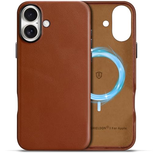 Coque en Cuir Véritable iPhone 16 Plus Shieldon Évite les Chutes - Étui Housse Antichoc