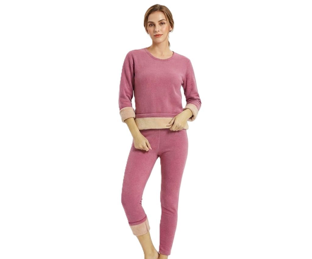 XL Size Pink Women's Fleece Thermal Set (Top & Bottom), Round Neck -Full Sleeves, Soft Warm Winter Inner Set- 1 Set