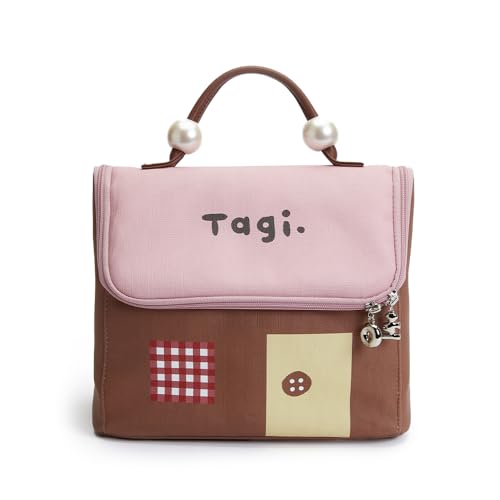 Tagi. Signal House Large Capacity Cute Makeup Bag, Waterproof PVC Cosmetic Bag for Women, Wide-Open Flat Pouch for Brushes & Skincare, Toiletry Bag with Handle & Dividers, Berry Hazelnuts