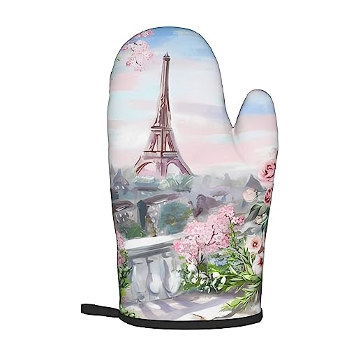 Eiffel Tower Paris View Oven Mitts And Pot Holders Set Heat Resistant Oven Glove And Potholder Kitchen Microwave Gloves For Baking Bbq Grilling Cooking Oven Mitts #TOP7