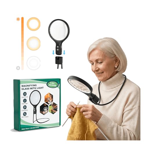 Magnifying Glass for Reading with 48 LED Lights 3 Color Modes Neck Magnifier Hands Free 5X/10X Magnifiers for Seniors for Close Work Repairing Reading Sewing (Black)