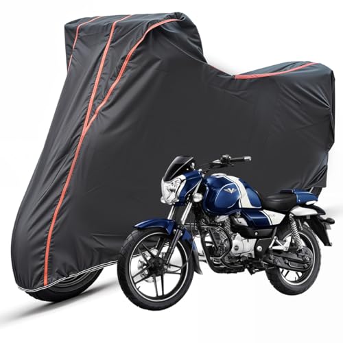 Image of Two Wheelers Bike Body Cover Compatible for Bajaj V15, UV Resistant, Dustproof, Triple Stitched, Elastic Bottom, Red Piping Motorcycle Cover (Black, Pack of 1)