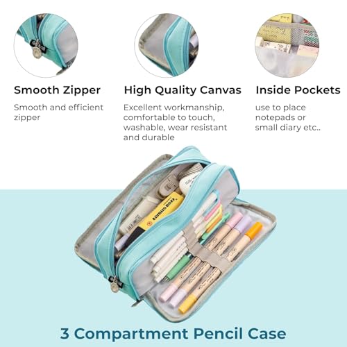 Image of Canvas School Bag Pencil Case, 3 Layer 6 Compartment Large Capacity, Aesthetic Pencil Pouch for Stationary, Cute Stationery for Kids, Pencil Case for Girls & Boys (Special Sky Blue)