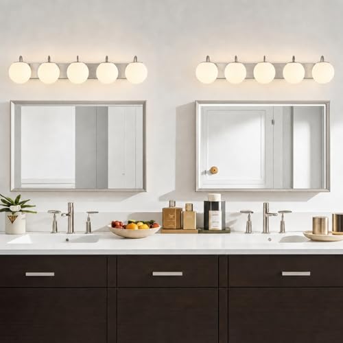 Image of Vintage Brushed Nickel Bathroom Vanity Light Fixtures Over Mirror 5 Lights