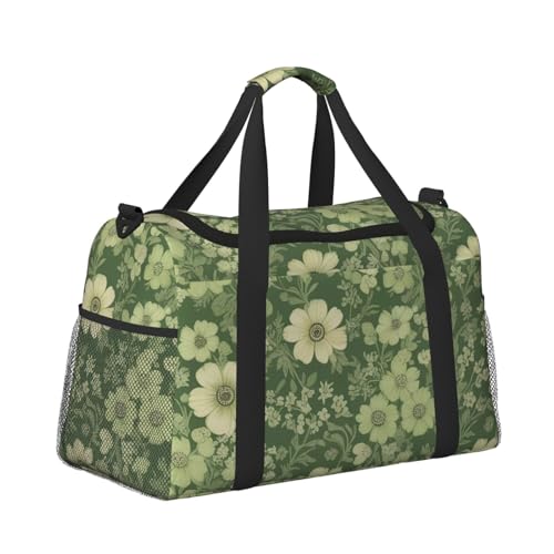 Green Floral Print Travel Duffle Bag - Foldable Personal Item Travel Bag for Women & Men,Carry-On Convertible Crossbody Tote Bags with Adjustable Shoulder Strap & Pockets 13x10.2x19.7 in3