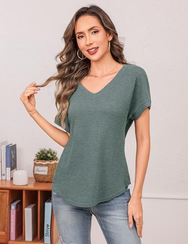 Totatuit Women's V Neck Waffle Knit Shirts Short Sleeve Summer Casual Tops Loose Fit Curved Hem Tunic Blouses Soft Lightweight Tees Gray-Green - image 2