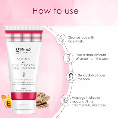 Image of Globus Naturals Glycolic & 1% Salicylic Acid Herbal Anti Acne Face Scrub, Enriched with Liquorice & Oats, Deep Pore Cleansing & Oil Control, Reduces Dark spots & Hyperpigmentation, 100 gm