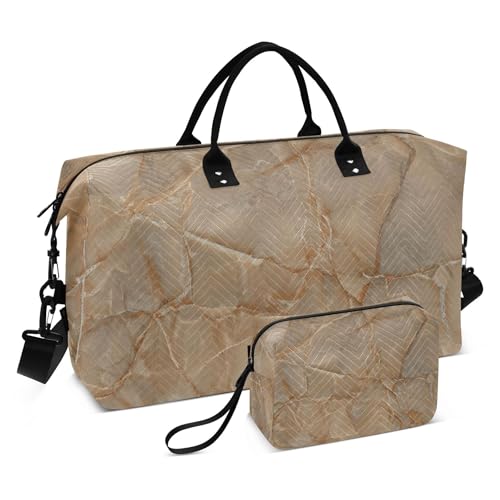 Duffle Travel Bag & Makeup Pouch Set of 2, Fashion Women Sports Dance Bag Duffel Carry on Bags Classic Marble Brown
