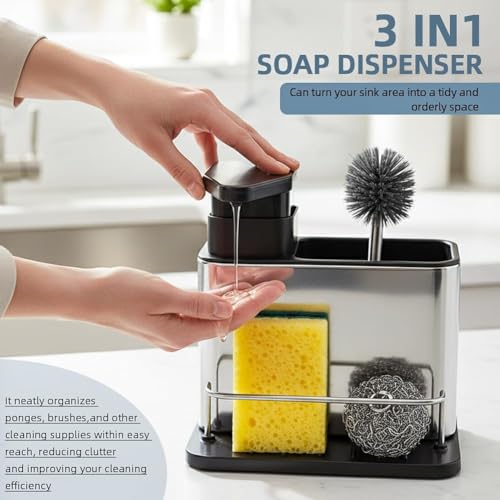 Image of Steel Kitchen Sink Caddy with Soap Dispenser - 3-in-1 Dishwashing Organizer for Sponge & Brush | Rustproof Sink Shelf for Kitchen Counter