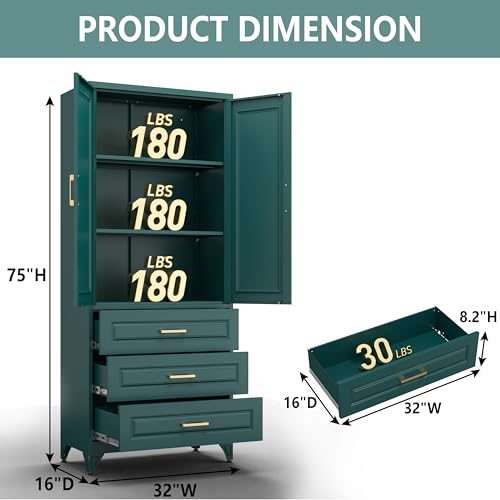 Image of Polup 75 inch Tall Metal Storage Cabinet with Doors and Shelves, Heavy Duty Green Kitchen Pantry Cabinet with 3 Drawers, Freestanding Food Cupboard Storage Organizers for Laundry, Garage, Dining Room