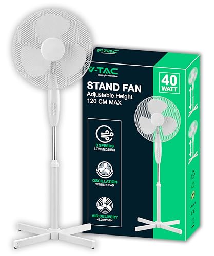 V-TAC Ventilador de Pie 40W – Flujo de Aire Potente – Diseño Elegante – 3 Velocidades – Altura Regulable (Máx. 120 cm) – 3 Aspas Giratorias – Oscilación e Inclinación Regulables – Blanco