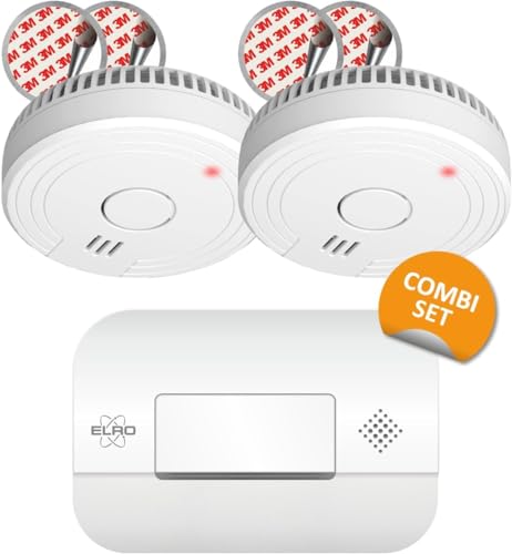 ELRO FF1840 Kit de Protección contra Incendios   2X Detectores de Humo con Montaje magnético   5 Pilas y Detector de Monóxido de Carbono   Sensor de 10 años