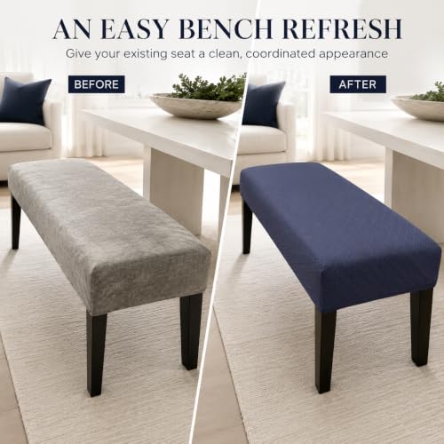 Image of Street27 High Stretch Jacquard Dining Bench Cover Elastic Chair Covers - Anti-Dust Removable Bench Slipcover Washable Bench Seat Protector Cushion Cover for Living Room, Bedroom, (Navy Blue)
