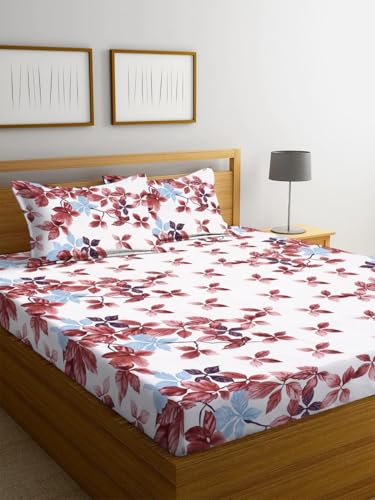 Image of 100% Cotton Elastic Fitted Bedsheets with 2 King Size Pillow Covers Double Bed with All Around Elastic Supersoft Size - 72 King Sizex78+10 inches White & Beige 200 tc - 220 tc