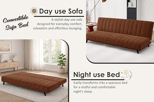 Image of Rosebell- Velvet Fabric Sofa Cum Bed 3-Seater Foldable Convertible Sofa, Modern Tufted Design Couch for Living Room, Guest Room & Office Brown Color