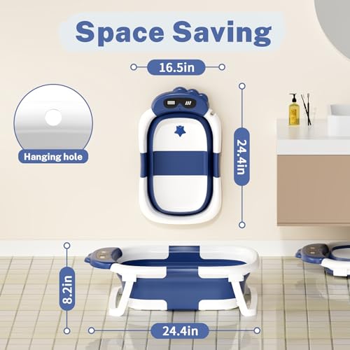 Image of AVIDOR Baby Bathtub,Collapsible Bathtub for Newborn to Toddler,Durable Essential Infant Bath Tub,Portable Travel Baby Tub with Soft Bath Net,No-Slip Feet and Dinosaur Shaped (Navy Blue)
