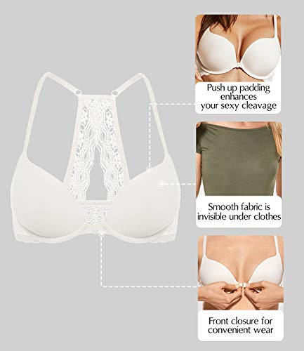Image of DOBREVA Women's Push Up Bra Racerback Front Closure Bras Plunge Underwire Tshirt Padded Lace