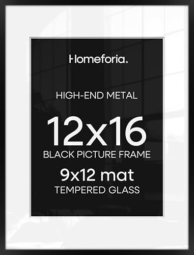 Image of Homeforia 12x16 Picture Frame Black, High End Metal 12x16 Poster Frames with Mat 9x12 for Photo, 12 x 16 Black Frame Matted to 9 by 12 inch Print, 16x12 Thin Frames, Tempered Glass, Wall Kit, Set of 3