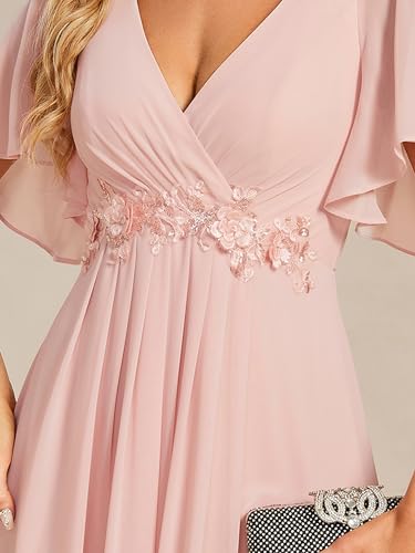 Image of Ever-Pretty Women's Spring Short Sleeve Bridesmaid Dresses V-Neck Chiffon Ruched Empire Waist Appliques Long Formal Dress
