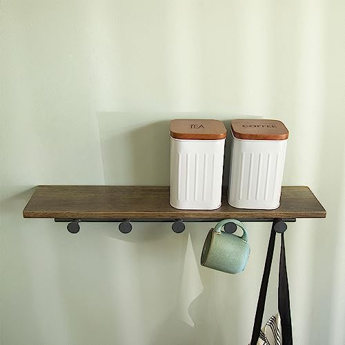 Image of Ellementry Aaron Wooden Wall Shelf with 5 Hooks | Home Decor Items | Wall Mounted Book Shelf| Shelves for Living Room /Kitchen /Bedroom Decoration | Floating Wall Shelves | Hanging Wall Mount Display