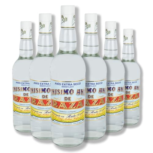 Pack de 6 Botellas de 1L de Anís Seco 55º, Anís Extra Seco Bidestilado Artesanal y Tradicional
