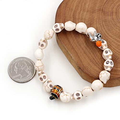 Image of Uloveido Halloween Bracelets for Men Women Black White Skull Stone Bracelet Charm Ghost Pumpkin Lamp Bat Design Bracelets