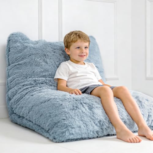Treokion 3 in 1 Kids Bean Bag Chair Bed, Kids Fluffy Stuffed Floor Pillow for Gaming and Reading, Ultra Soft Faux Fur Fabric Bean Bag Chairs to Lounger for Playroom, Living Room, Bedroom, Gray by Treokion - Used condition - US$52.65