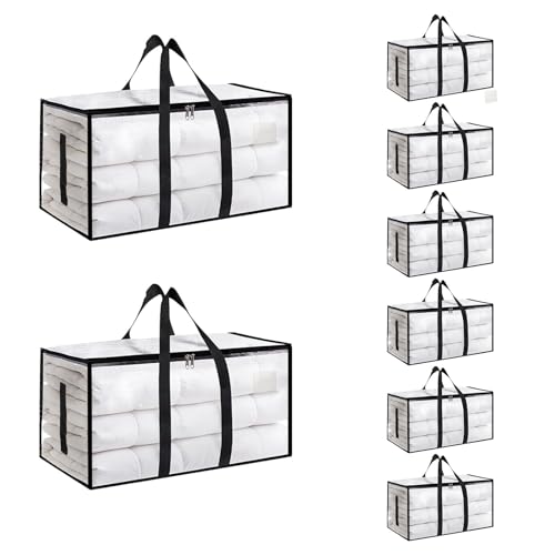 Moving Bags Extra Large 8 Pack - Heavy Duty Storage Totes with Wrap-Around Handles & Reinforced Zippers - Foldable Moving Box Alternative Water-Resistant for Dorm Closet & Under Bed Storage (Clear)