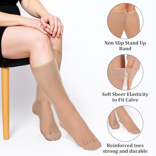 6 Pairs Plus Size Knee High Stockings for Women, 15D Skin Color Nylon Stocks with Wide Calf Stretchy Silky Soft3