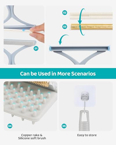 Carpet Rake for Pet Hair Removal, Reusable Pet Hair Remover Tool with 54 Inch Adjustable Long Handle, 3 Piece Carpet Scraper Set with Pet Bath Brush for Rugs, Couch, Furniture and Stairs - Image 5