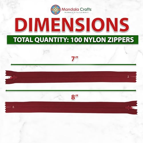 Image of Mandala Crafts 100 PCs Burgundy Closed-End 8 Inches Nylon Zipper for Sewing